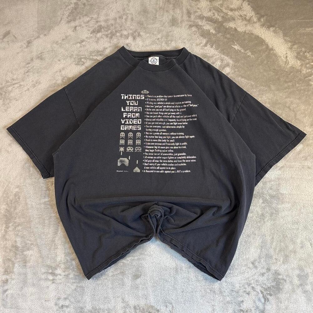 Y2K Things You Learn From Video Games Graphic T Shirt Mens Size 2XL Black Tee